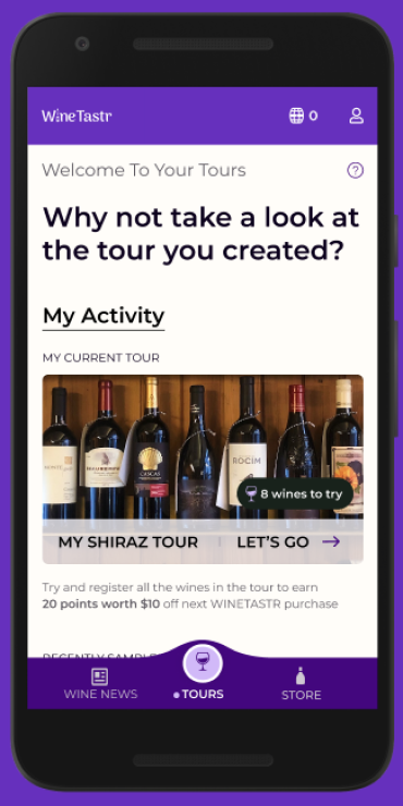 High-fidelity mockup of home screen with tour created, followed by tour recommendations and search