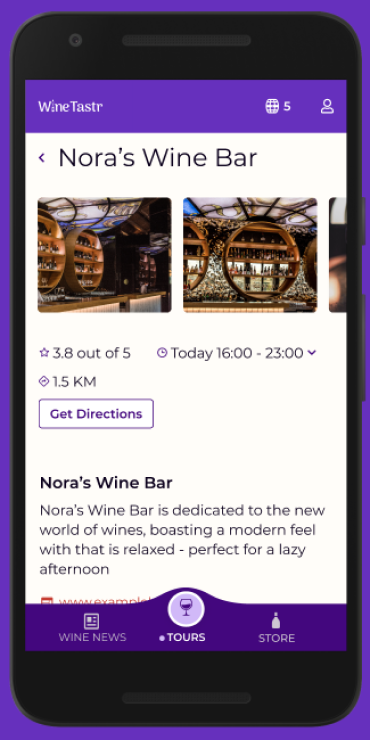 High-fidelity mockup of wine bar page with venue images