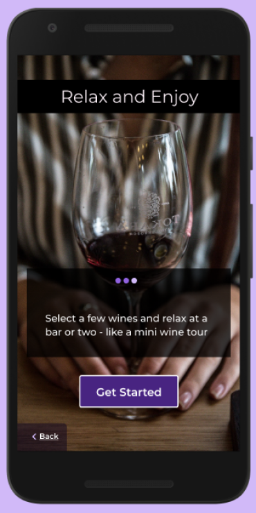High-fidelity mockup of onboarding screen of person holding a glass of wine at bar