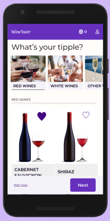High-fidelity mockup of wine preferences with bottles and glasses of wine