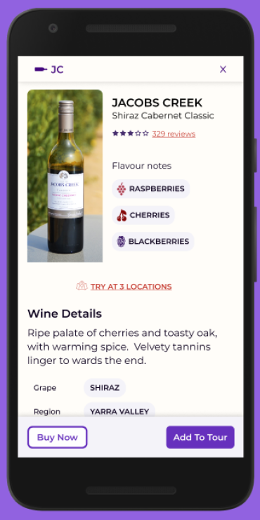 High-fidelity mockup of wine details modal with image and text about wine