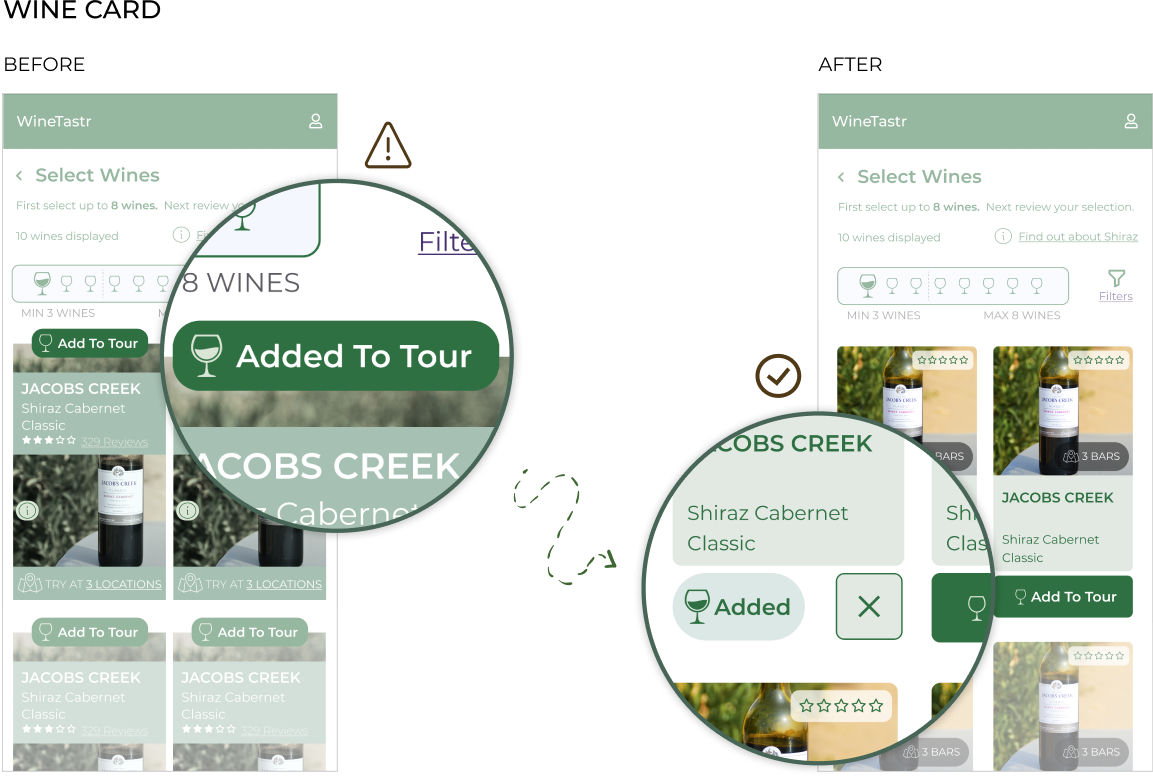 Tour creation wine card showing change of remove button from top of wine card to bottom
