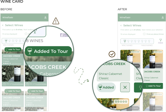 Tour creation wine card showing change of remove button from top of wine card to bottom