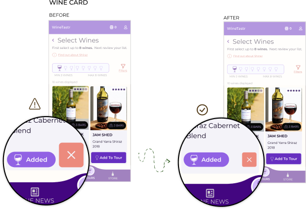Tour creation wine card showing decrease of size for remove button increasing balance of card